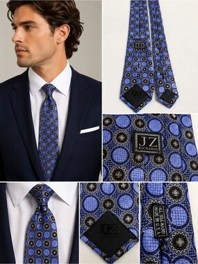JZ Richards Men’s Silk Tie Blue Geometric Medallion Handmade USA Luxury Necktie